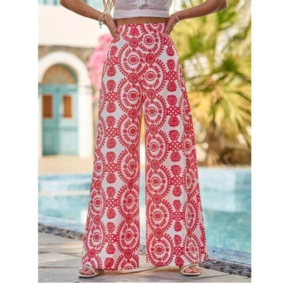 Red Boho Womens Damask Print Wide Leg Pants - Picture 4 of 5